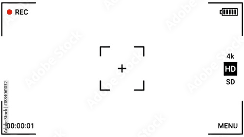 A camera viewfinder screen with recording settings and options