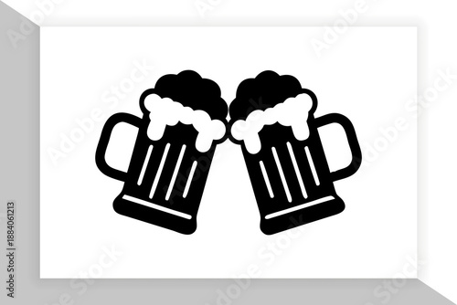 Cheers Beer Mugs Icon Silhouette Isolated on White Background. Beer mugs touching rims with foam on a white background clinking. Beer Cheers Mug black isolated icon silhouette vector art illustration.