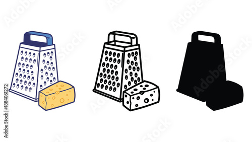 An illustration of cheese graters and blocks of cheese in different styles