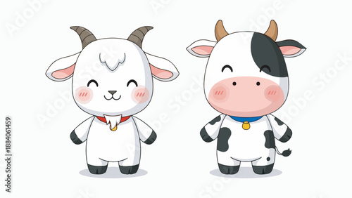 Two adorable cartoon farm animals, a white goat with horns and a black and white cow with horns, standing side by side.