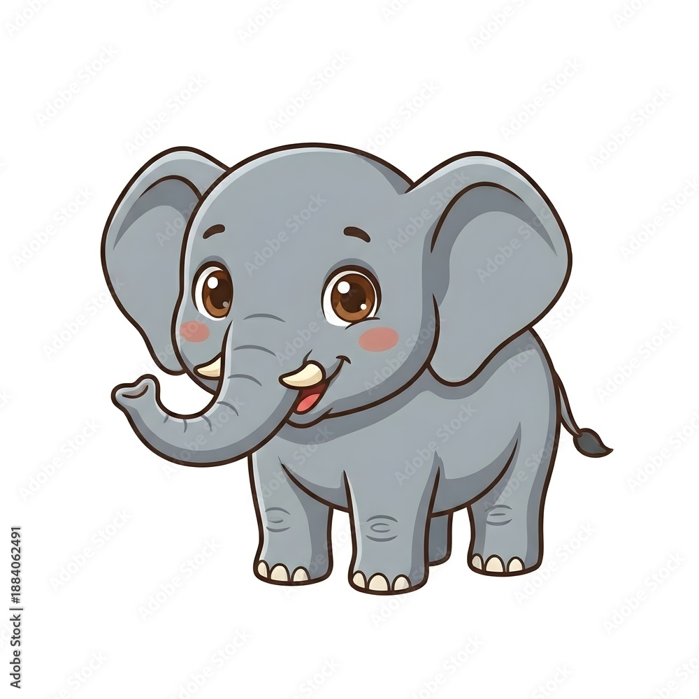 Fototapeta premium Cute Cartoon Elephant Calf Smiling Isolated on White Background