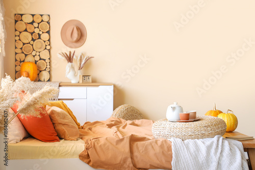 Comfortable bed with wicker...