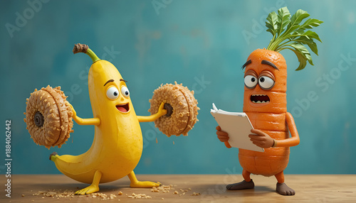 A cartoon banana lifts weights while a worried carrot looks on with a tablet in hand.