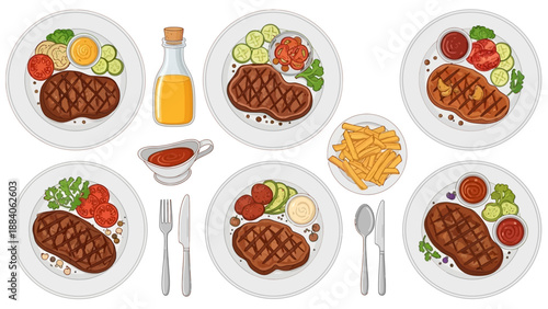 Assorted Plates of Grilled Meat and Vegetables.