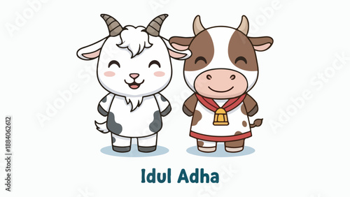 Cute cartoon illustration of a goat and a cow standing side-by-side, celebrating Idul Adha.
