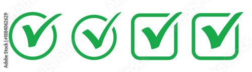 Green check mark icon vector illustration in two variants. Approved, yes, confirm, done, vote, accept, tick, select, check box, green check mark button set circle and round shapes.