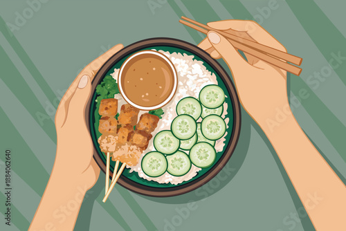 Top Down Hands Holding Satay Rice Bowl Ill