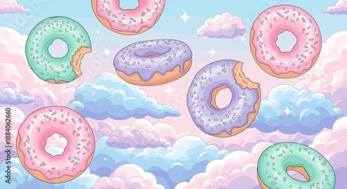 Pastel donut floating background with sweet icing and soft candy atmosphere