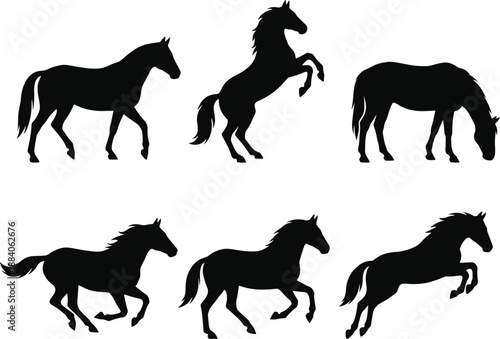 Collection of galloping, rearing, and grazing horse silhouettes in dynamic poses, showcasing elegant equine movement for design, wildlife art, ranch themes, and western style graphics.