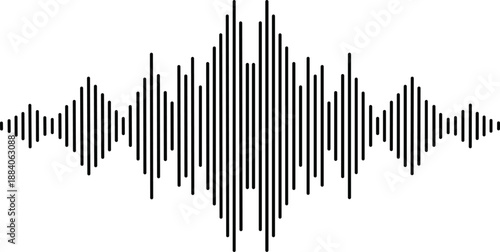 Symmetrical sound waveform silhouette, abstract audio frequency equalizer bars, vector illustration for music design, audio branding, sound technology, media graphics, and broadcast themes.