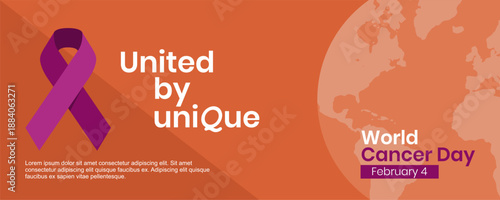 World Cancer Day 2026 Global Health Awareness Banner February 4 with "United by Unique" Message in Clean Minimalist Design. Best for Suitable for NGOs, healthcare organizations, education materials an