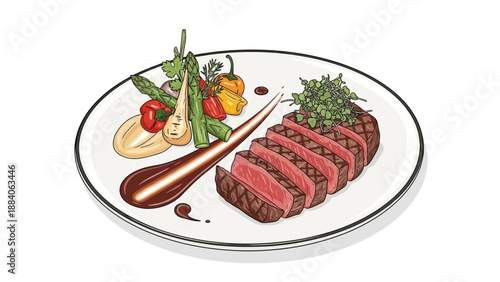 Sliced Grilled Steak with Garnish on Plate.