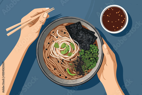 Top Down Hands Holding Soba Bowl Illustrat