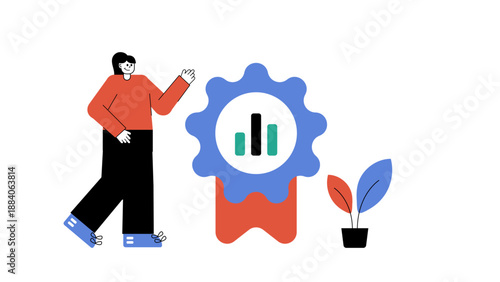 A woman standing next to a large blue medal badge with a bar chart symbol inside representing achievement