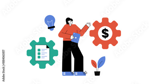 A woman using a tablet surrounded by floating icons of a lightbulb, document, and money gear