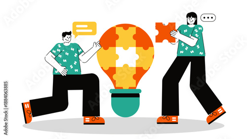 Two people working together to assemble a large light bulb puzzle representing creative problem solving