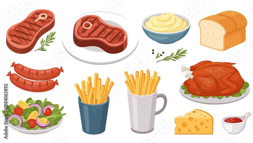 Assorted Food Items Including Meat and Sides.