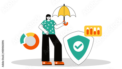 A woman holding a yellow umbrella over a shield with a checkmark representing financial protection