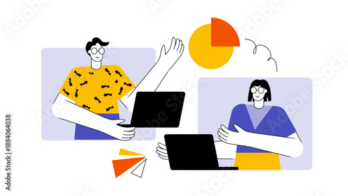 Professionals engaging in a virtual business conference via laptops