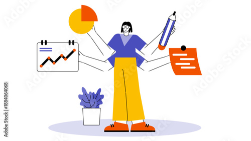 A woman with many arms managing multiple business tasks at once