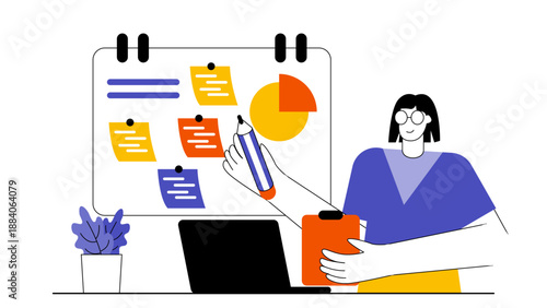 A professional woman organizing tasks and strategy on a board