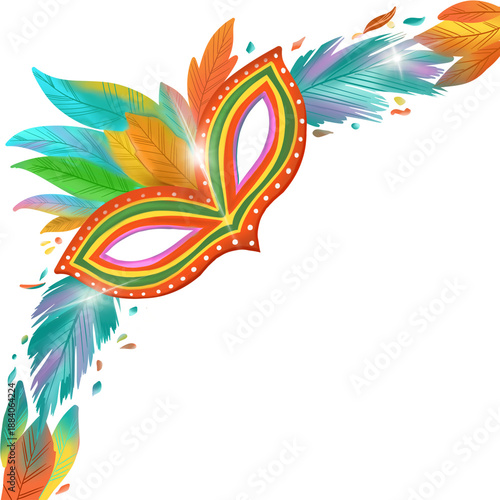 Carnaval party invitation card. Traditional mask with feathers, maracas, for festival, masquerade, parade. Template for design invitation