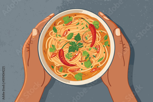 Top Down Hands Holding Spicy Curry Noodles