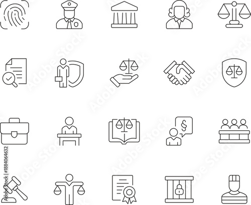 Law and Justice Line Icon Set with Legal System and Court Symbols