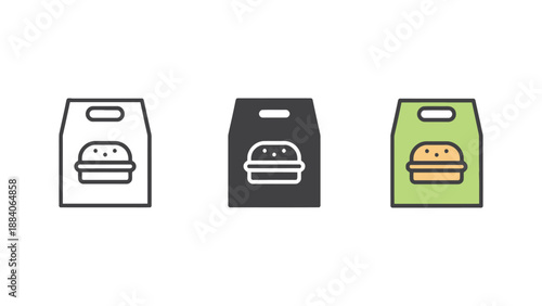 Three colorful takeout containers with hamburger icons on them