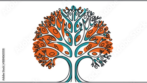 Abstract stylized tree with orange and teal leaves on white background