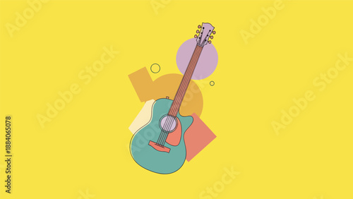 Acoustic guitar with abstract shapes on yellow background, creative illustration