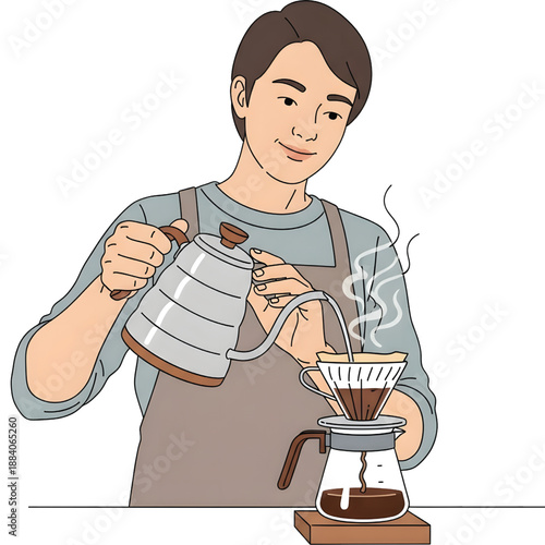 Vector illustration of a coffee shop barista pouring manual brew coffee