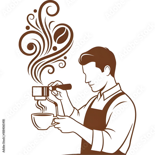 Coffee shop vector logo with barista silhouette and artistic coffee steam