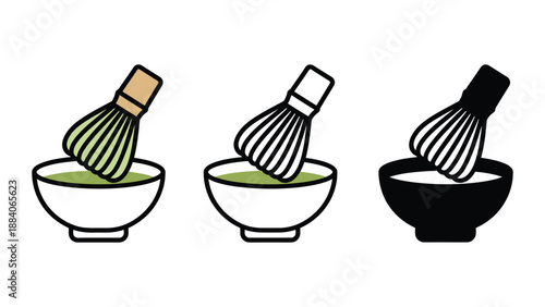 A set of matcha whisks in different colors and bowls