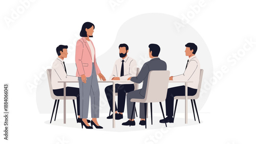 Diverse business team meeting around table, female leader presenting ideas