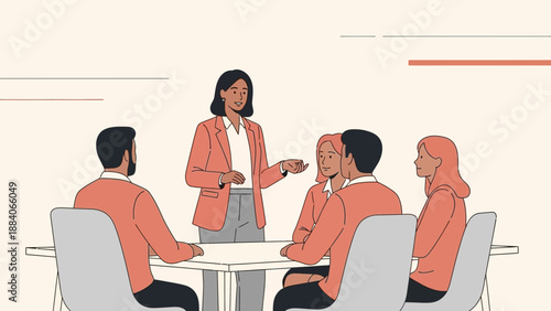 Diverse business team in meeting, woman leader presenting ideas at table