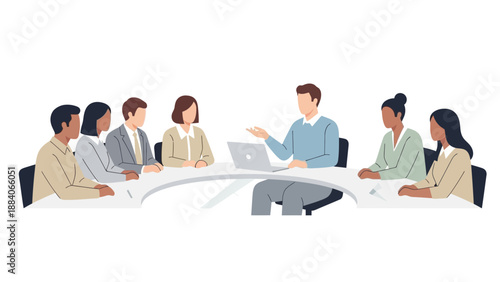 Diverse business team meeting around a table with laptop, discussing ideas