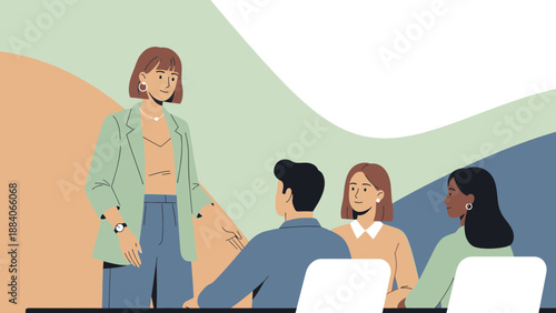 Diverse business team meeting, female leader presenting ideas in modern office illustration