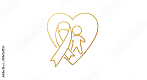 A simple, golden line drawing of a heart with a ribbon and a child inside, symbolizing support for childhood cancer awareness against a plain white background.