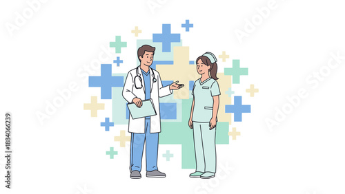 Doctor and Nurse Discussing Medical Case with Abstract Crosses Background