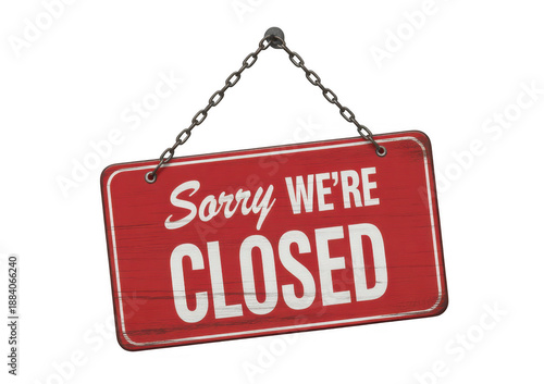 Red closed sign with white text sorry isolated on a transparent background