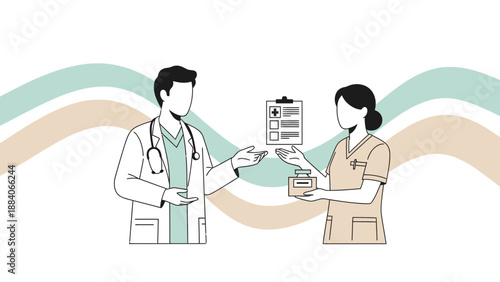 Doctor and nurse discussing medical case with clipboard and medicine