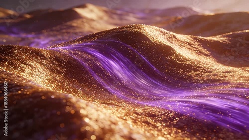 Purple light waves interwoven with golden particles in fog