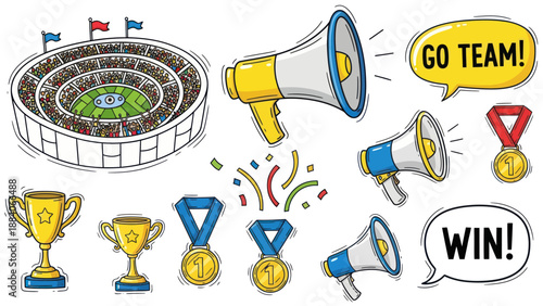 Sports Competition Elements: Stadium, Trophies, Medals, Megaphones, and Sayings