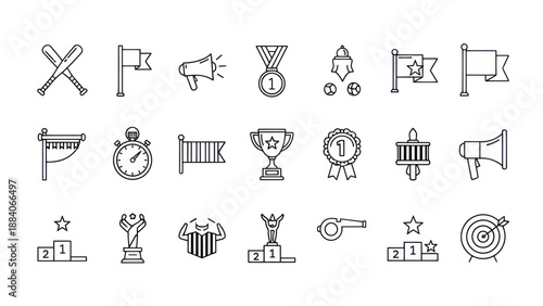 Sports Icons Collection: Trophy, Medal, Whistle, Bats, Stopwatch, Target, Megaphone