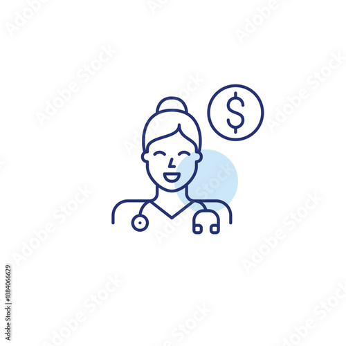 Female doctor wearing stethoscope and dollar sign. Medical cost, healthcare expenses. Pixel perfect, editable stroke vector icon