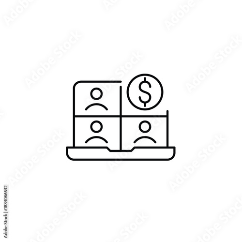 Video conference call on laptop and dollar sign. Business meeting, service subscription price. Pixel perfect, editable stroke vector icon