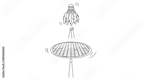 A shuttlecock flying above a badminton racket in mid-air motion