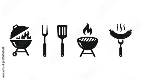 A set of black icons depicting barbecue tools and grills on a white background
