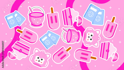 Seamless pattern of pink character backpacks travel passports and summer treats for kids holiday